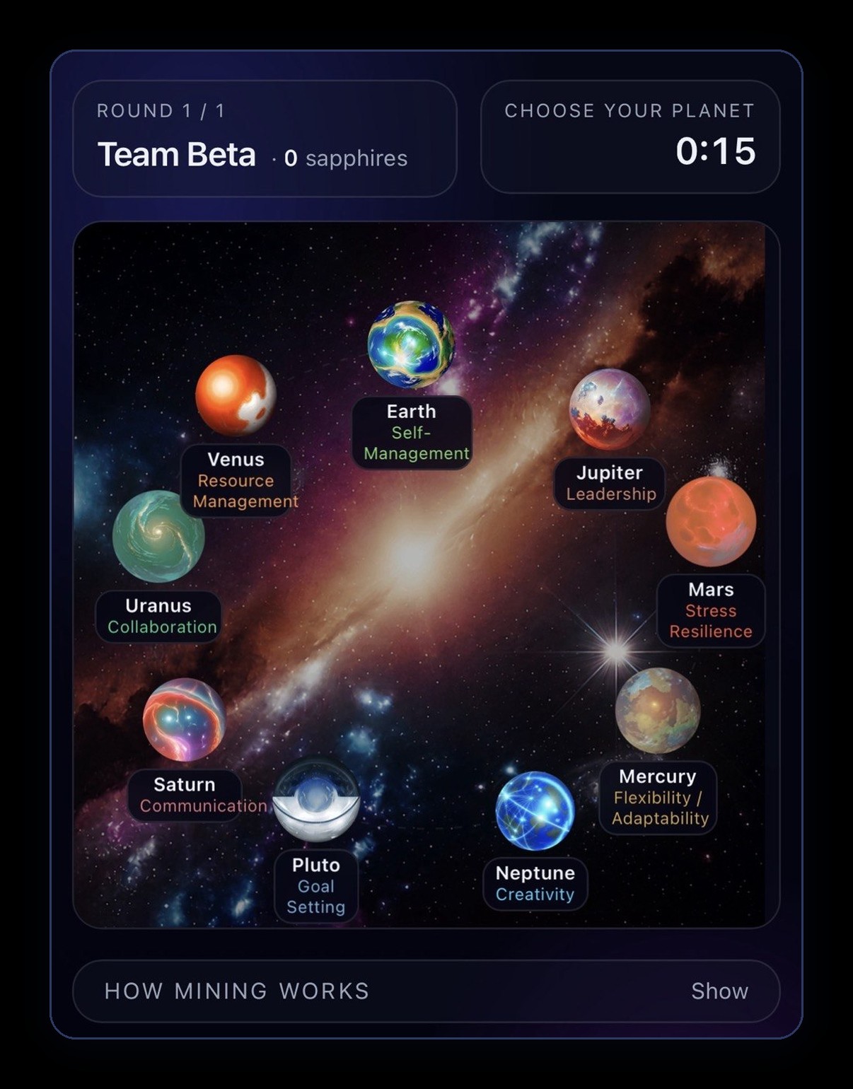 Soft Skills Galaxy game board: nine planets, each mapped to a soft skill, with team status and round timer